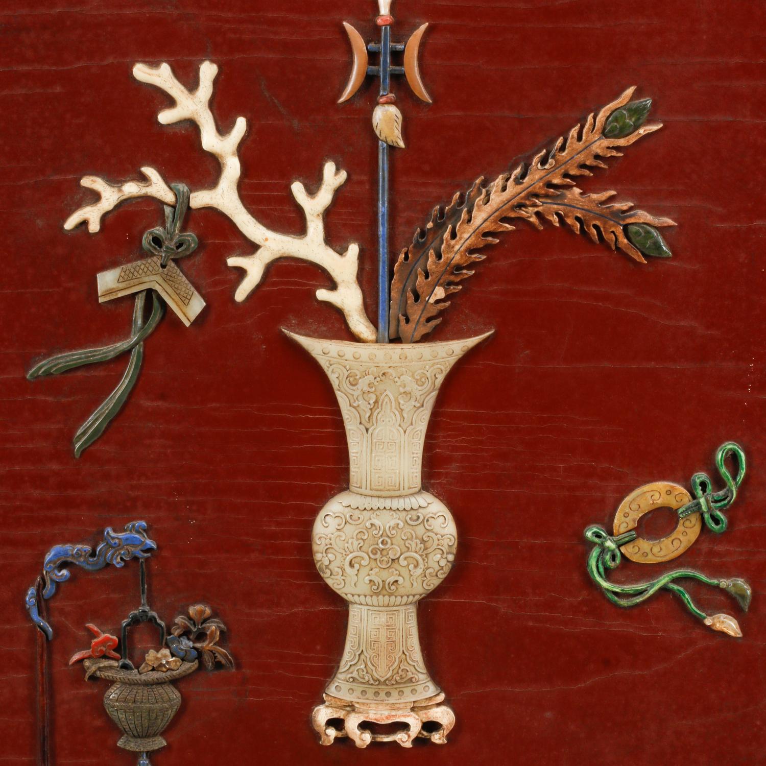 A Pair of Chinese Hardstone Inlaid Lacquer Panels