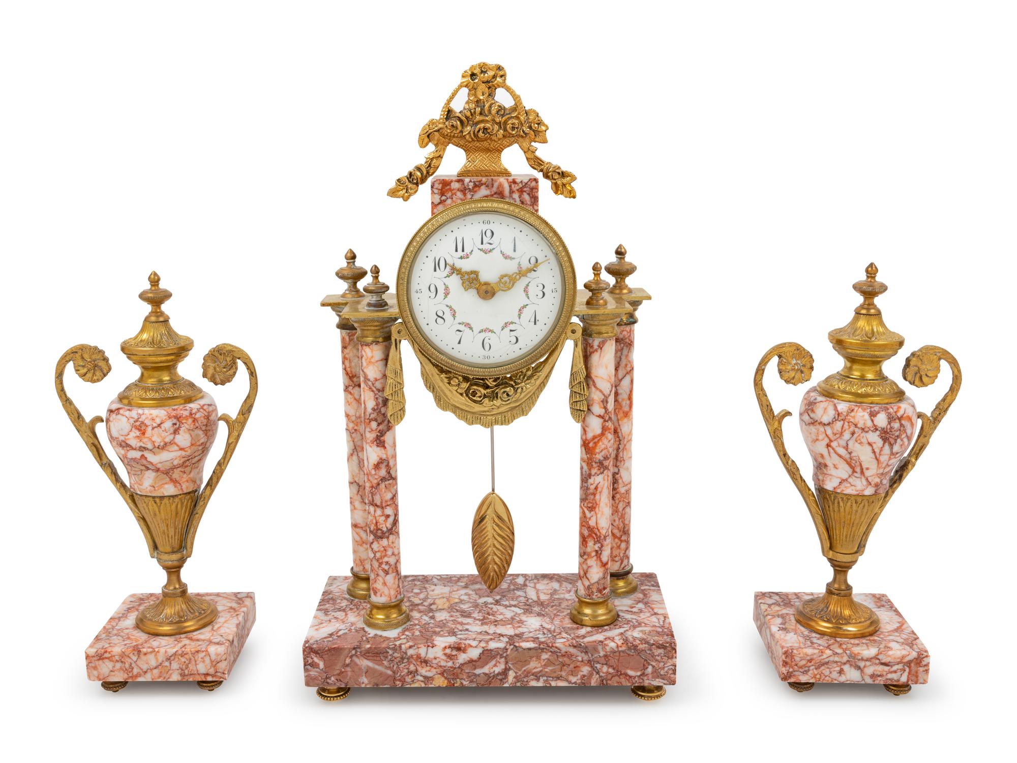 A French Gilt-Metal and Marble Three-Piece Clock Garniture