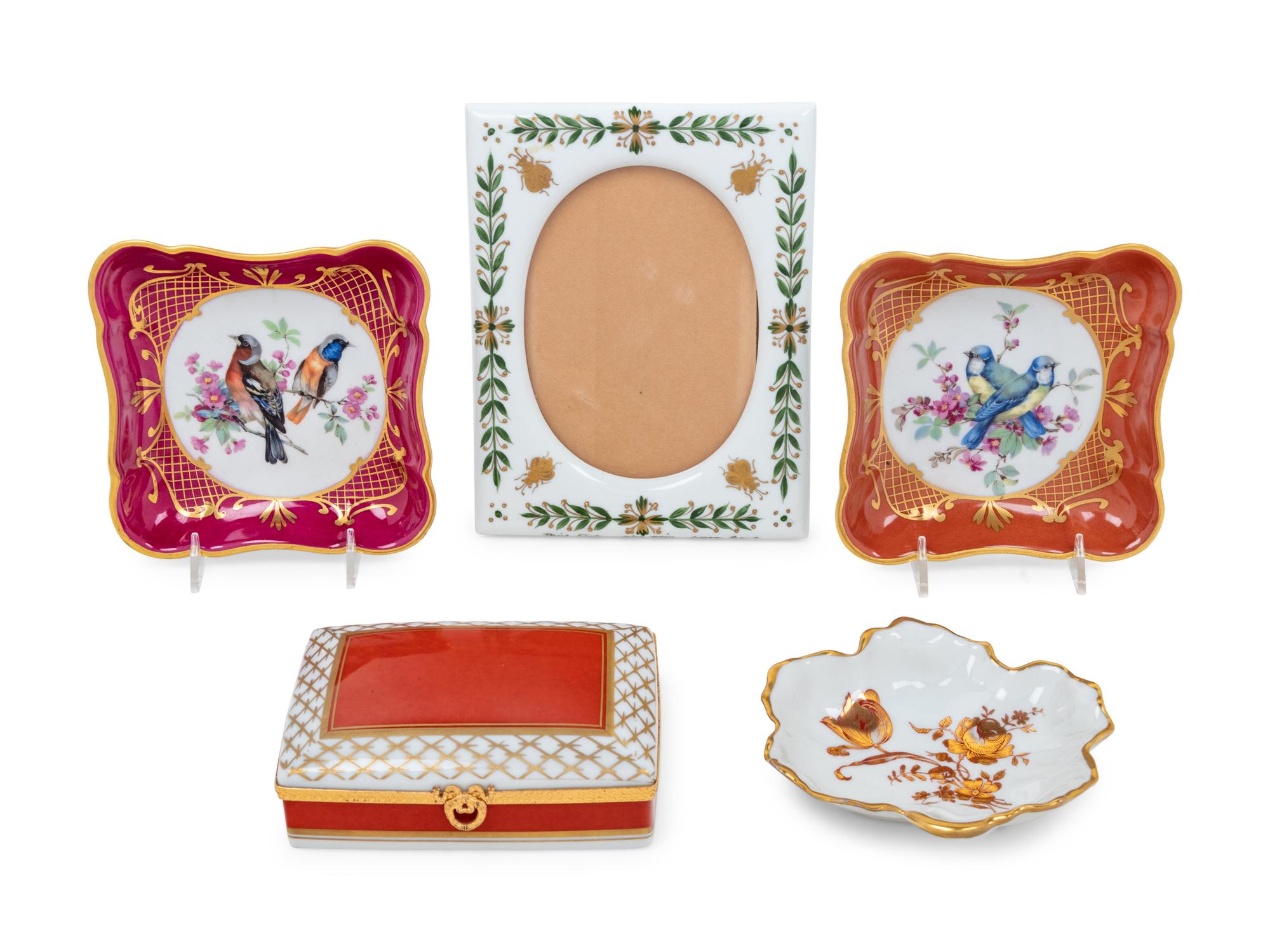 Five Limoges Painted and Parcel Gilt Porcelain Articles