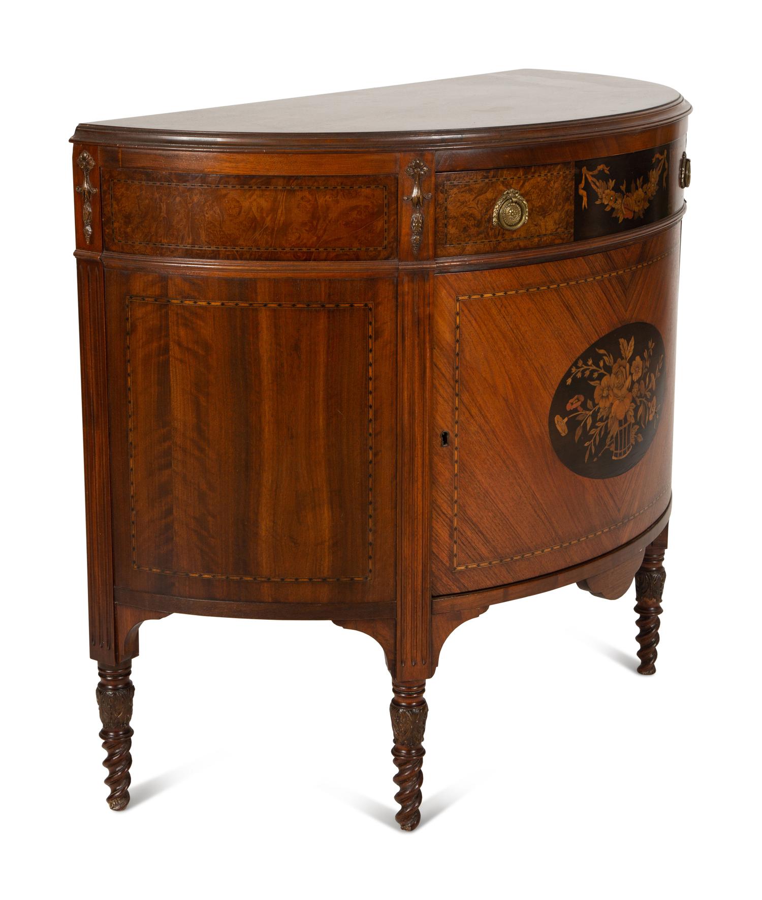 An English Fruitwood and Mahogany Marquetry Demilune Cabinet
