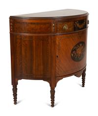 An English Fruitwood and Mahogany Marquetry Demilune Cabinet