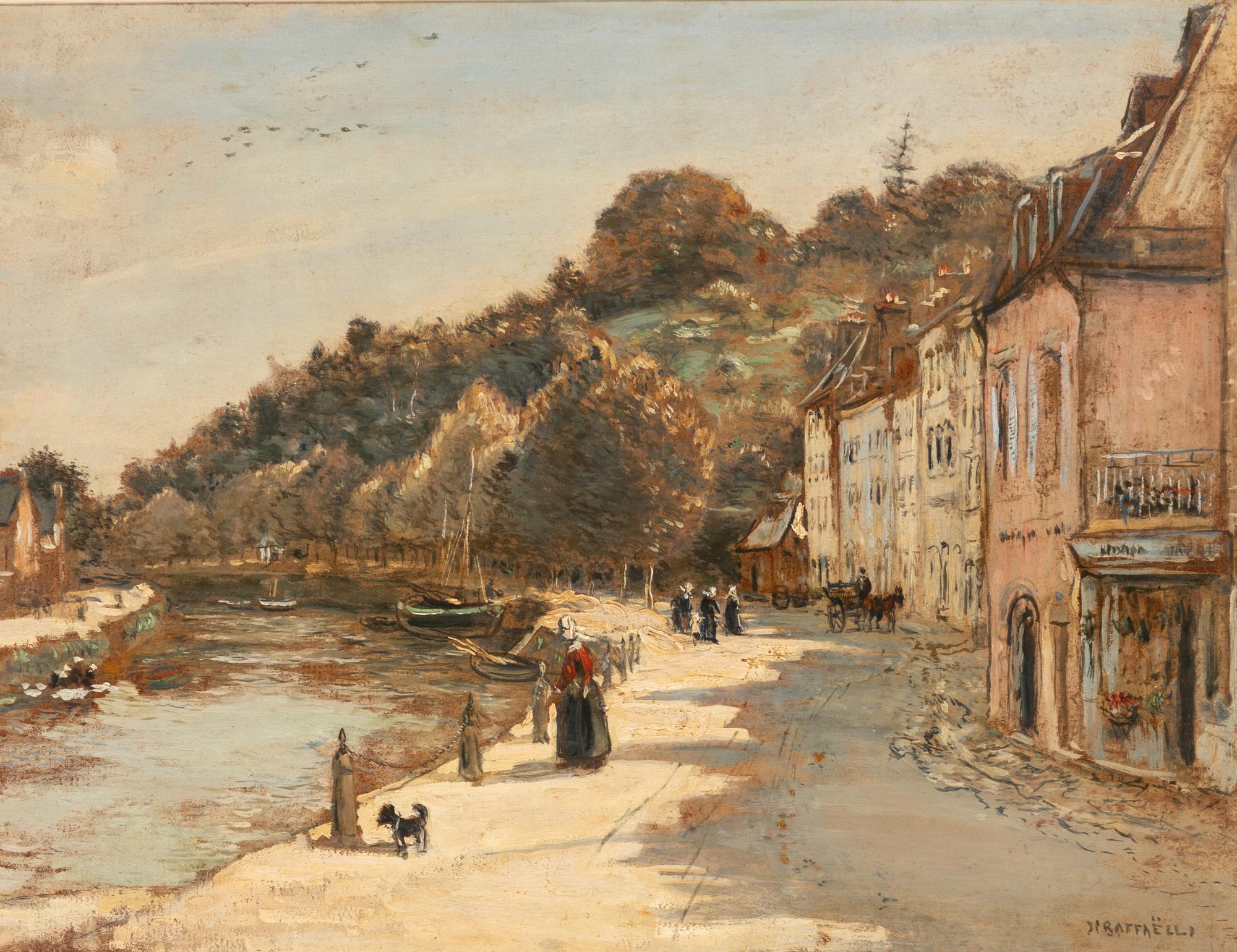 Figures on a Quai Beside a River and Village