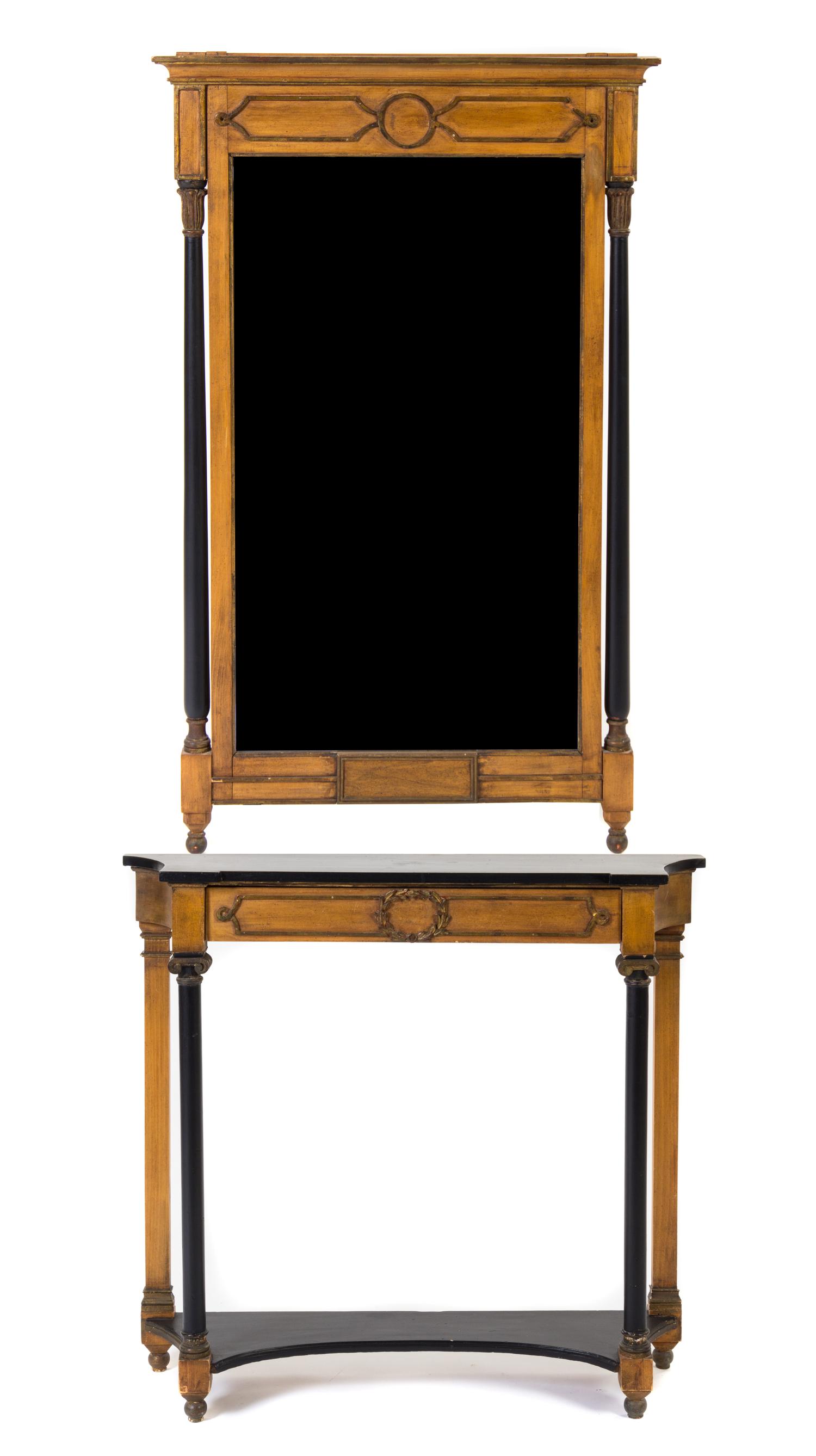 A Swedish Gustavian Style Parcel Ebonized and Gilt Console Table and Mirror Height 77 1/2 x width 35 1/2 x depth 9 5/8 inches. — 20TH CENTURY