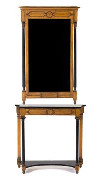 A Swedish Gustavian Style Parcel Ebonized and Gilt Console Table and Mirror Height 77 1/2 x width 35 1/2 x depth 9 5/8 inches. — 20TH CENTURY