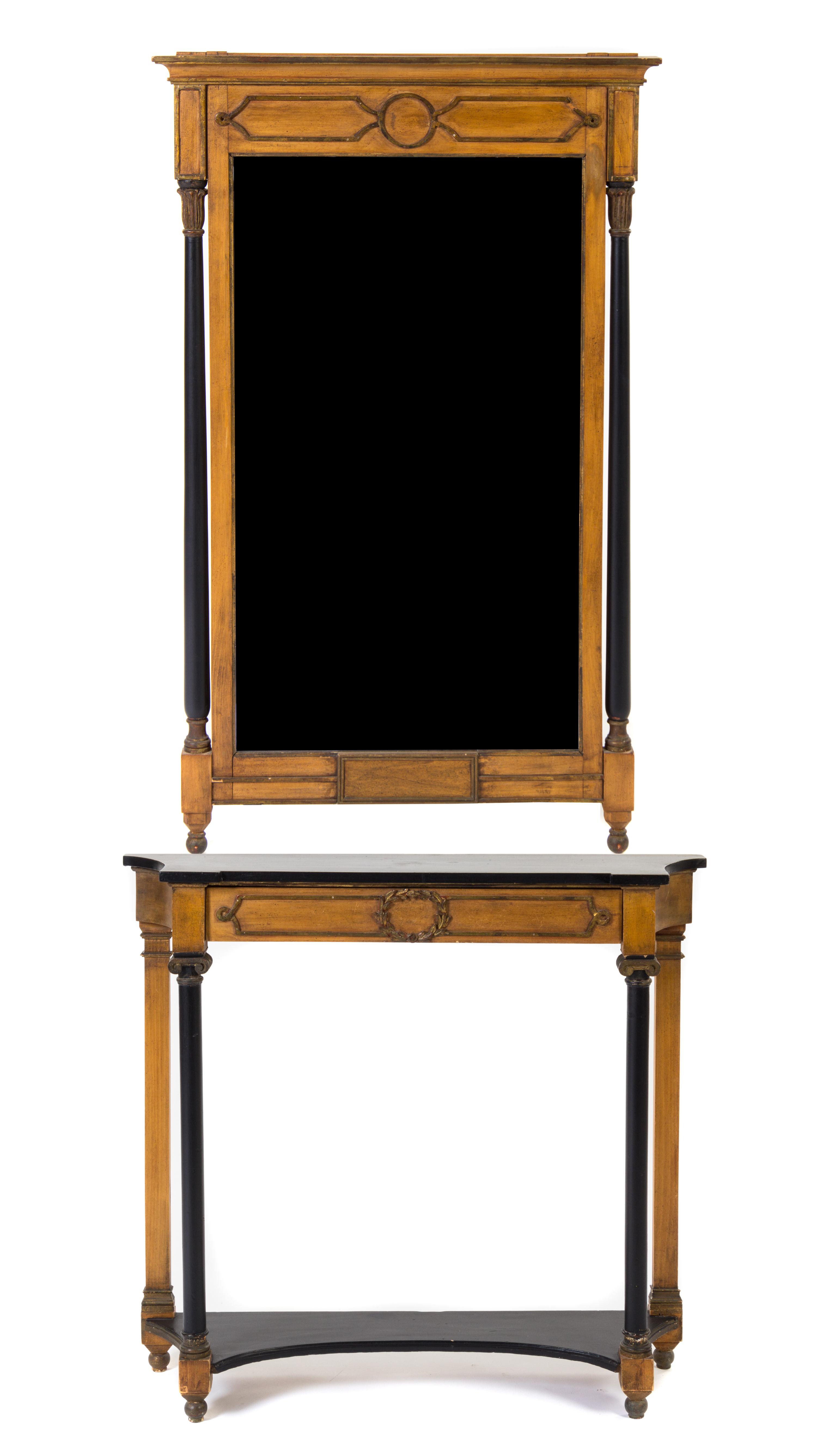A Swedish Gustavian Style Parcel Ebonized and Gilt Console Table and Mirror Height 77 1/2 x width 35 1/2 x depth 9 5/8 inches. — 20TH CENTURY