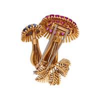 RUBY, SAPPHIRE, AND DIAMOND MUSHROOM BROOCH
