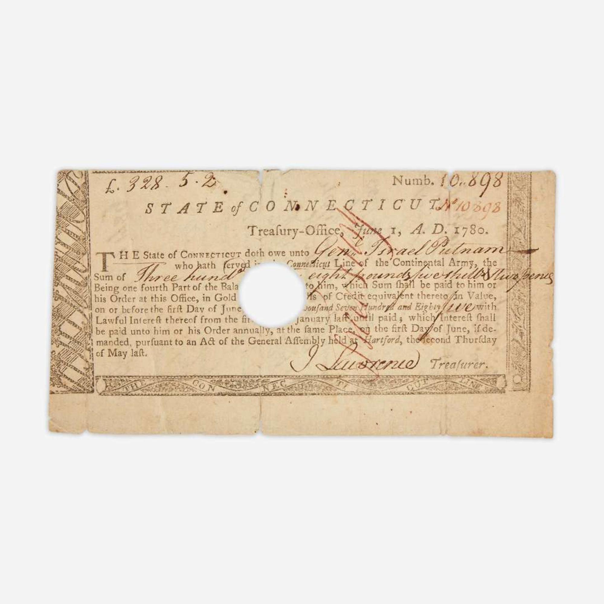 [American Revolution] [Putnam, Israel] Printed Debt Certificate