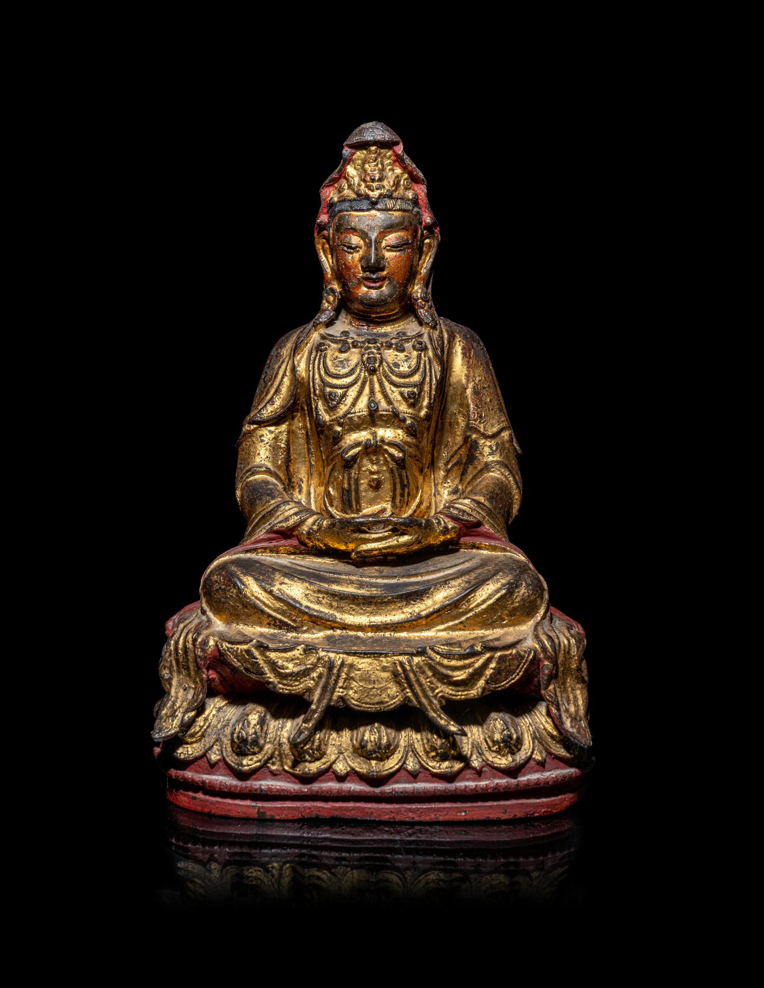 A Chinese Red-Lacquered Bronze Figure of Guanyin