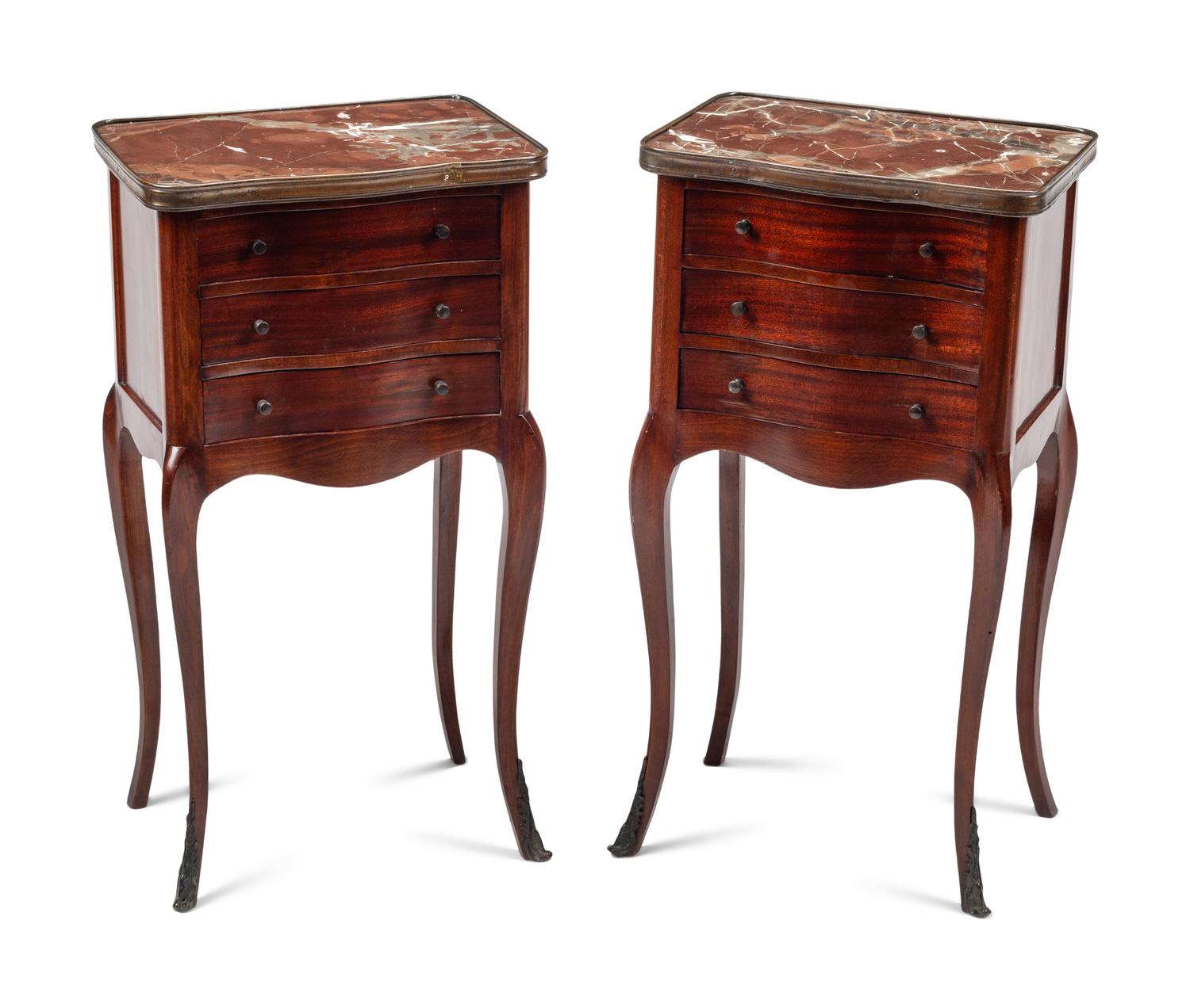 A Pair of Louis XV Style Mahogany Marble-Top Side Tables