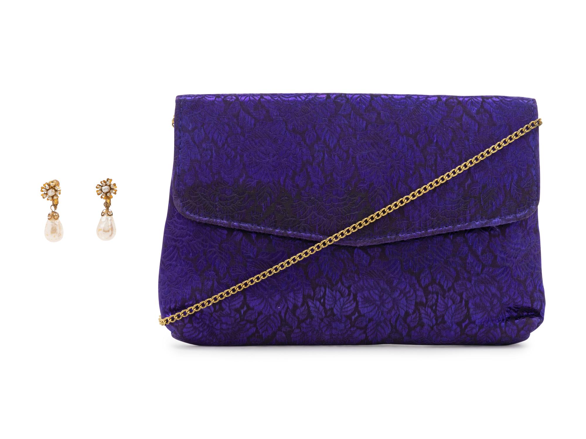 Dress, Earrings and Bag, 1987. Dress designed by Paul Zastupnevitch and made by Western Costume Company in Los Angeles — Worn by Olivia de Havilland at the Golden Globes Awards in 1987 to accept a Golden Globe Award for Best Supporting Actress in a Series, Mini Series or Motion Picture made for TV for her role in ‘Anastasia: The Mystery of Anna’.