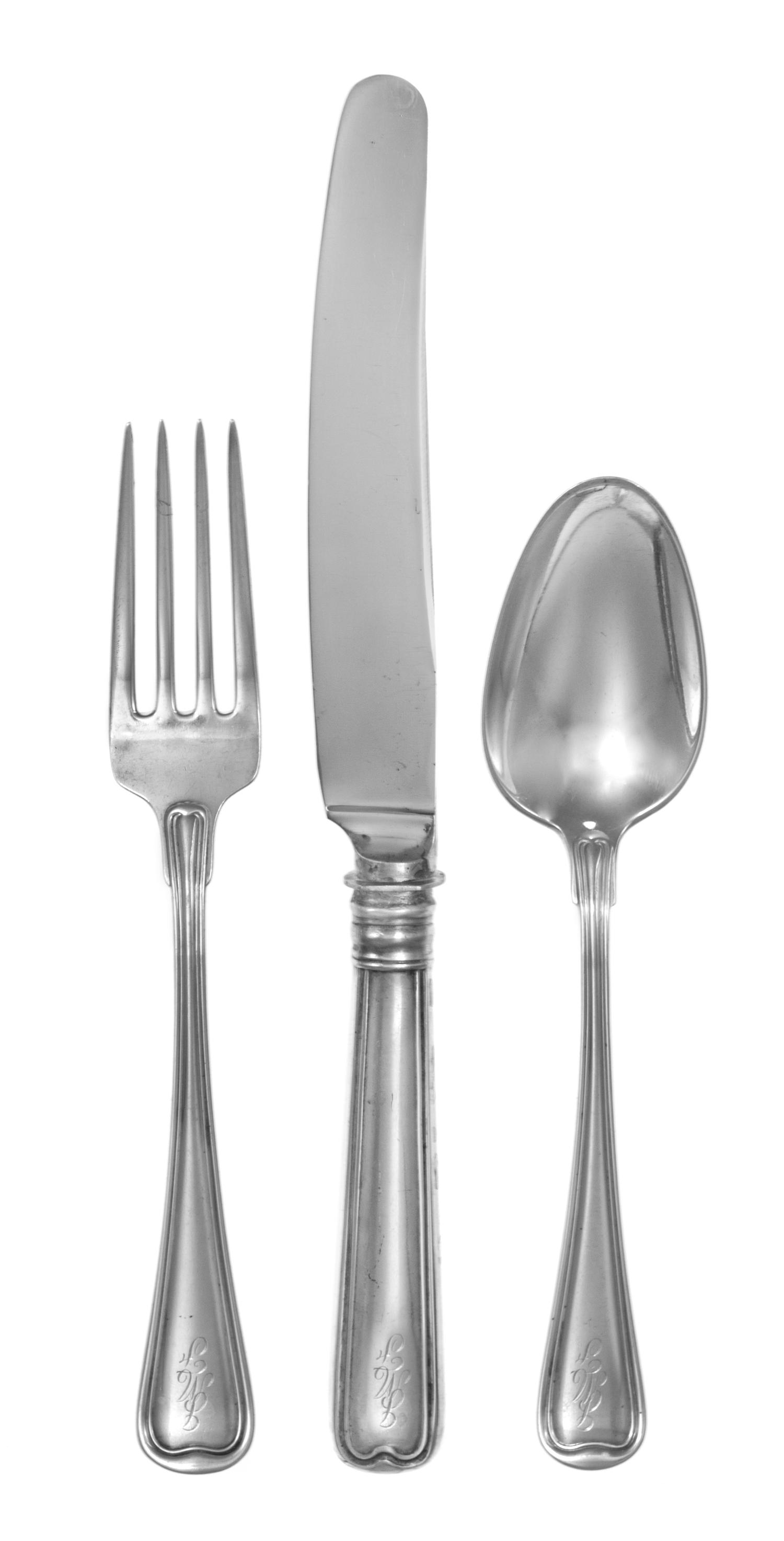 An American Silver Flatware Service, Gorham Mfg. Co., Providence, RI, Old French pattern, comprising: 12 dinner knives 12 dinner forks