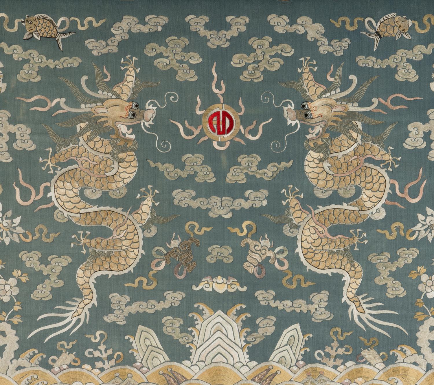 Two Chinese Embroidered Silk Panels, 19th Century 清晚期 藍地麻姑獻壽及雙龍戲珠綉片兩幅