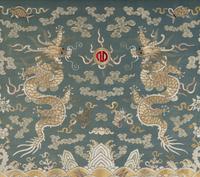 Two Chinese Embroidered Silk Panels, 19th Century 清晚期 藍地麻姑獻壽及雙龍戲珠綉片兩幅