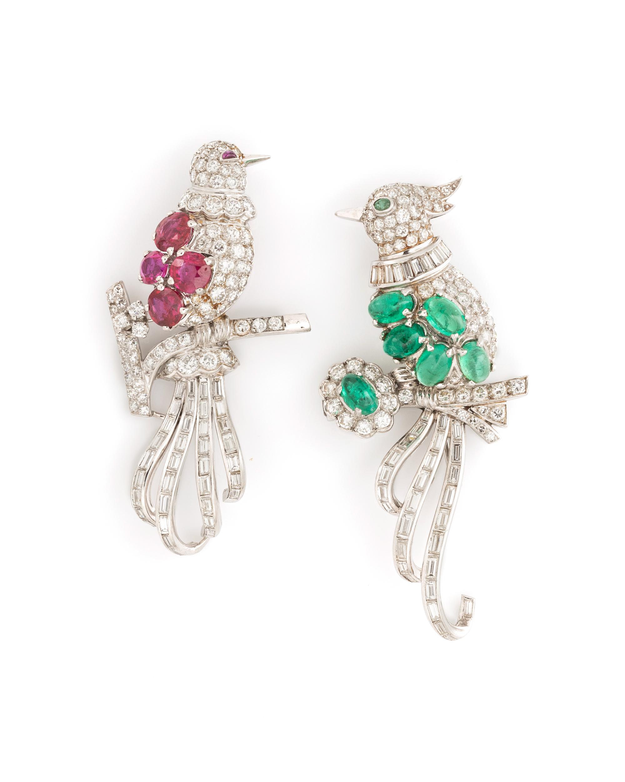 FRENCH, DIAMOND, EMERALD AND RUBY CONVERTIBLE BIRD BROOCH