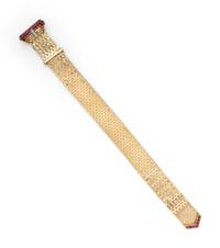 TIFFANY & CO., RETRO, YELLOW GOLD, RUBY AND DIAMOND BELT MOTIF BRACELET