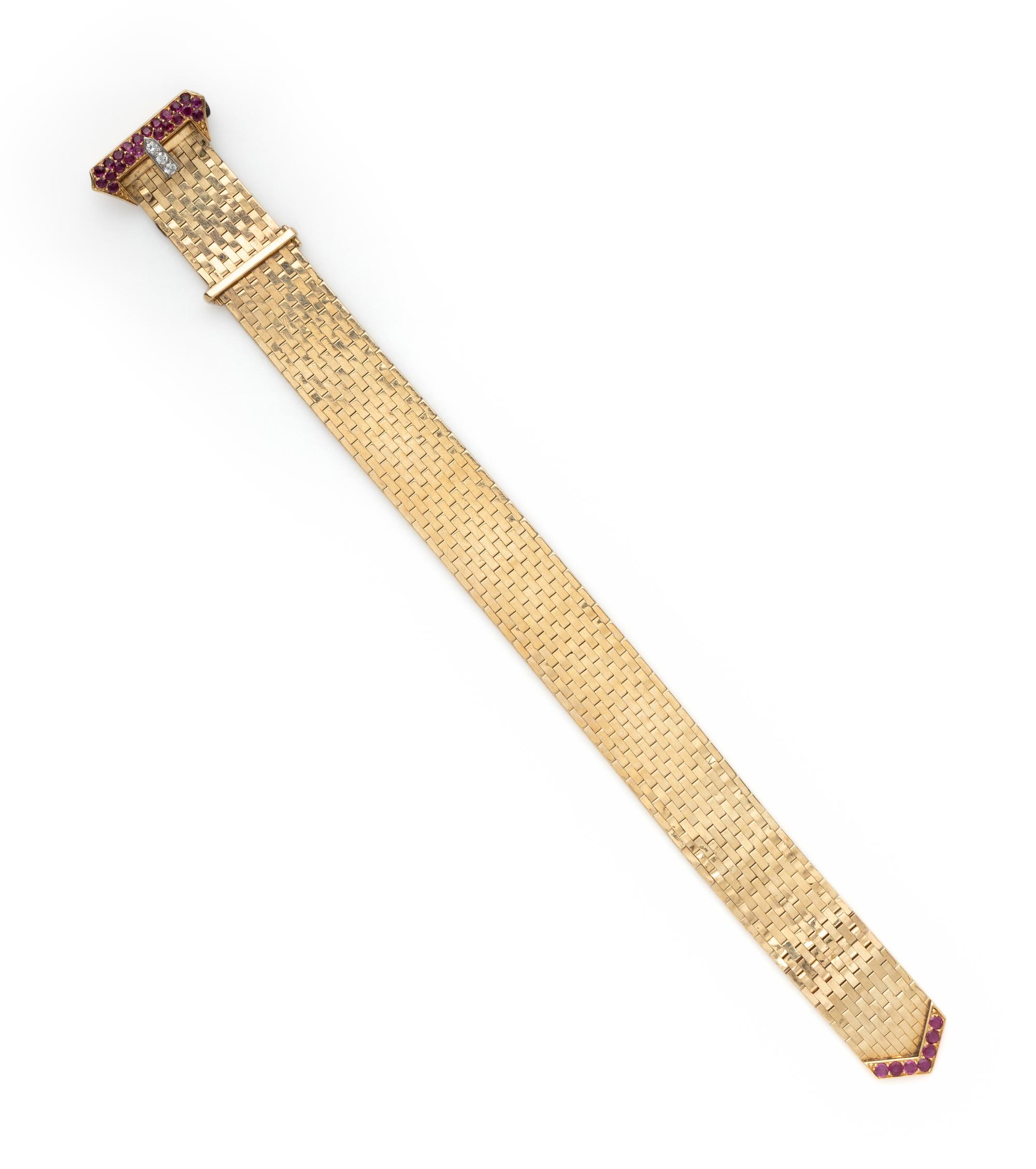 TIFFANY & CO., RETRO, YELLOW GOLD, RUBY AND DIAMOND BELT MOTIF BRACELET