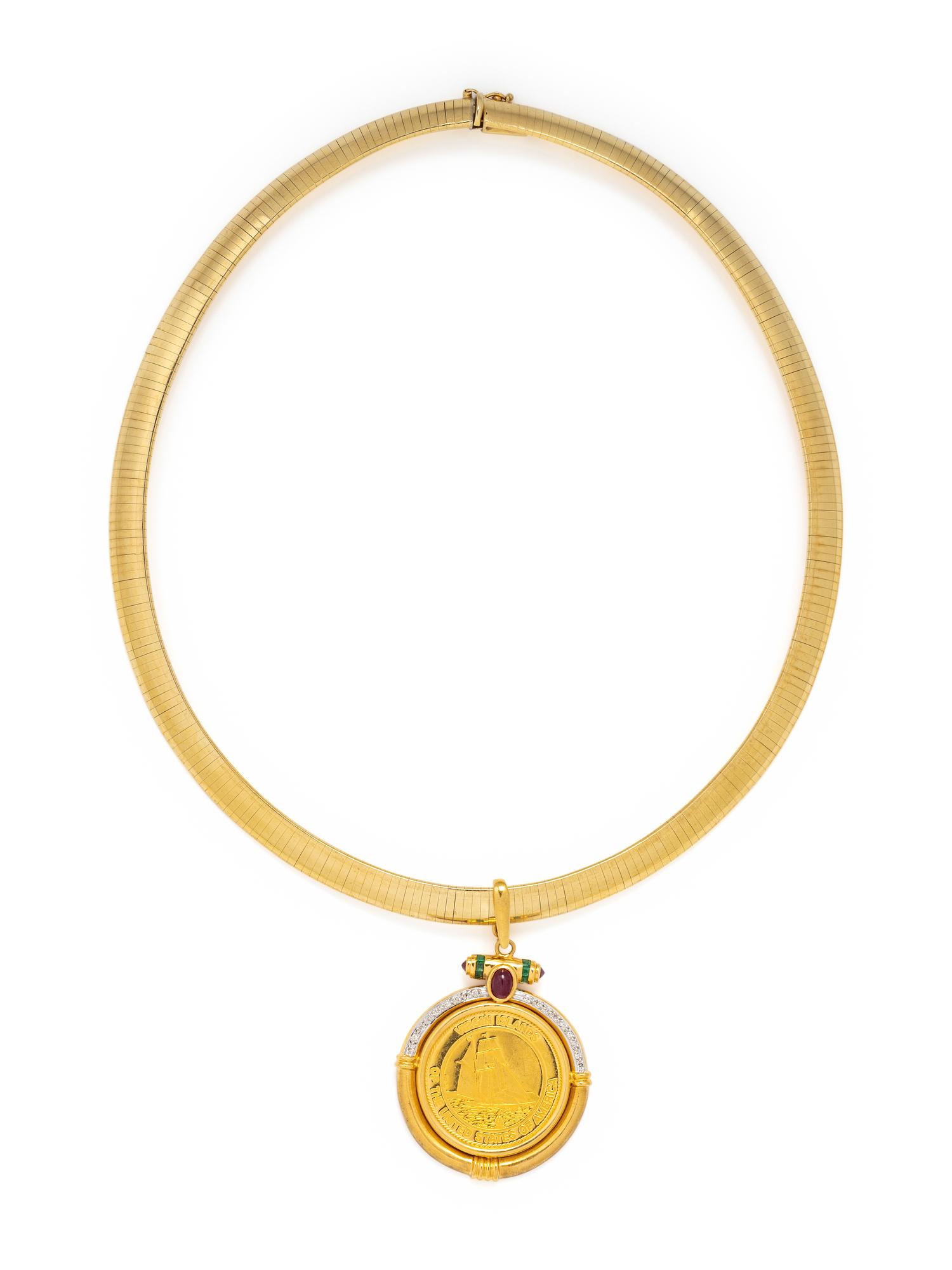 YELLOW GOLD OMEGA NECKCHAIN WITH COIN PENDANT