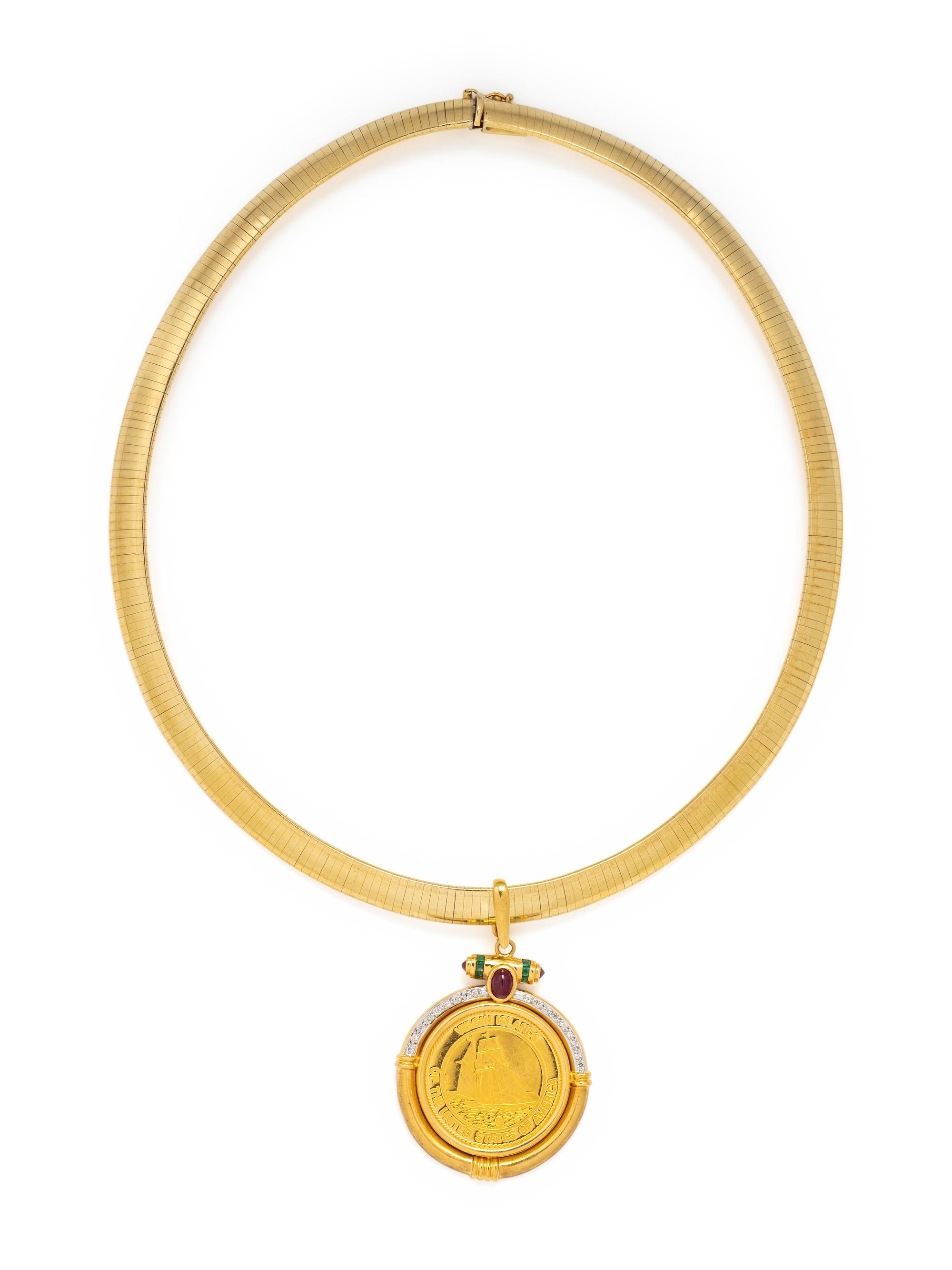 YELLOW GOLD OMEGA NECKCHAIN WITH COIN PENDANT