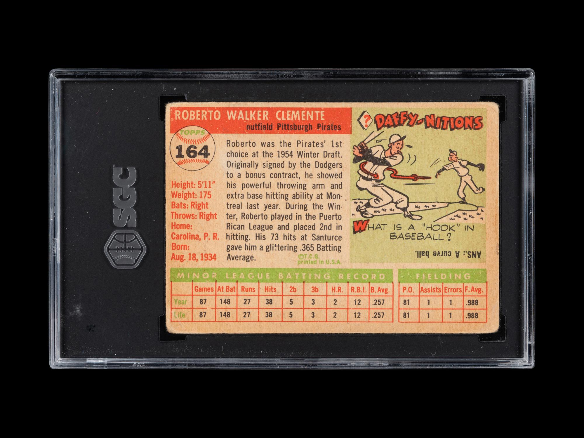 A 1955 Topps Roberto Clemente Rookie Baseball Card No. 164 (SGC 2 GOOD)
