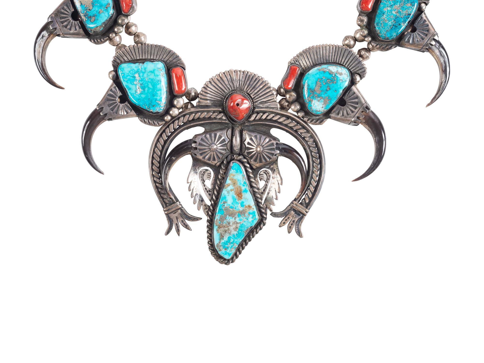 Large Statement Morenci Turquoise, Coral, and Claw Squash Blossom Necklace