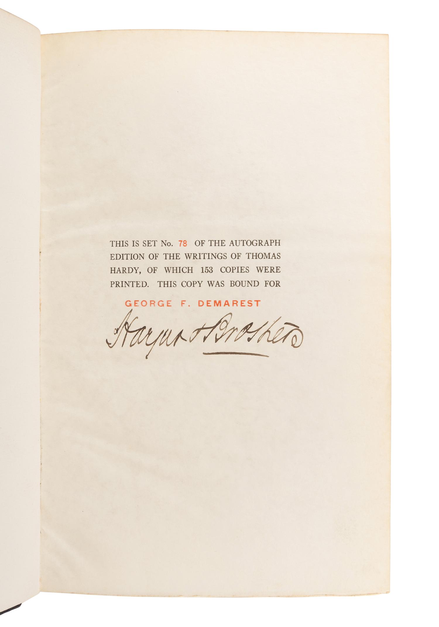 HARDY, Thomas (1840-1928). The Writings of Thomas Hardy in Prose and Verse, With Prefaces and Notes . New York and London: Harper & Brothers, 1893-1904.