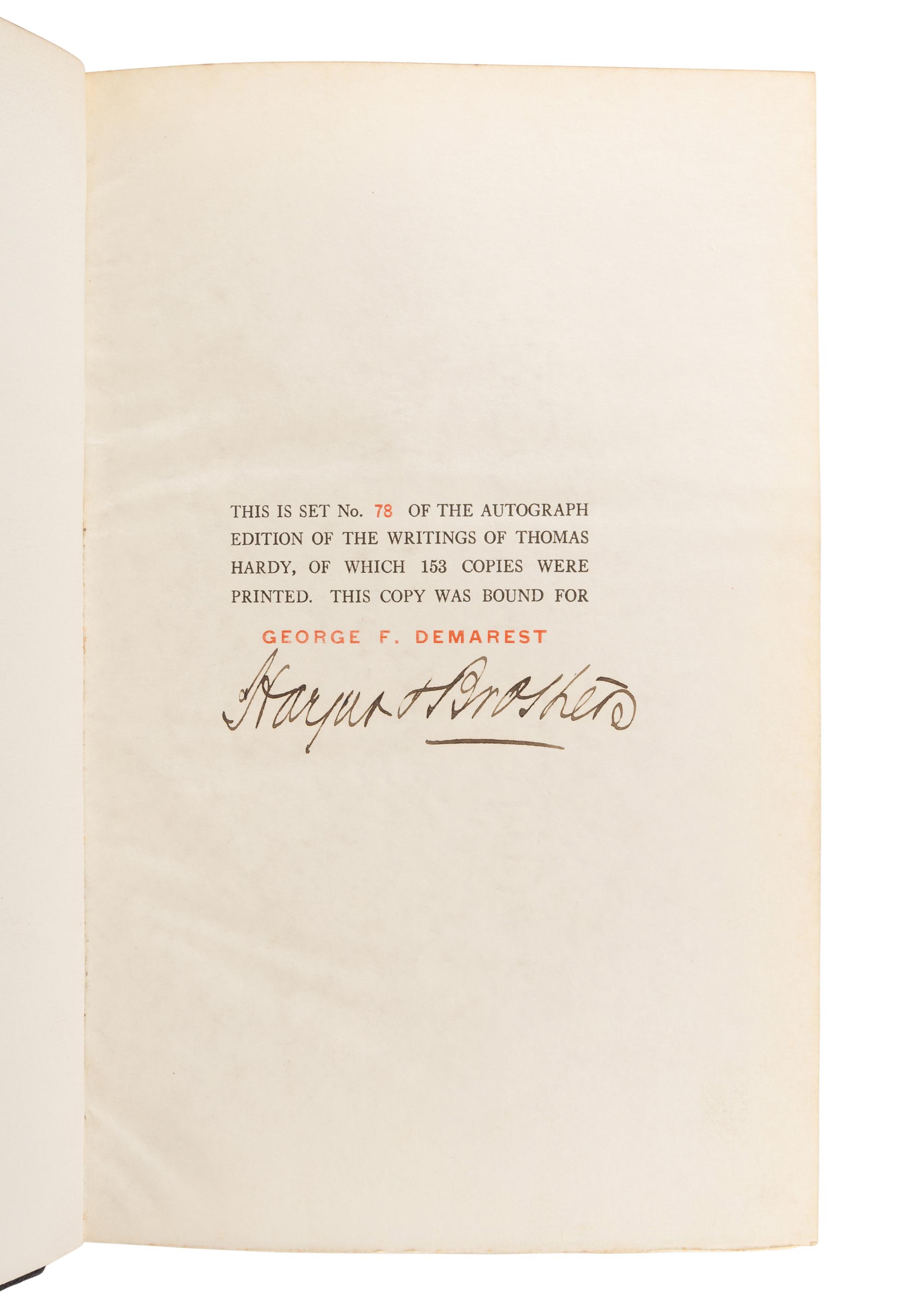 HARDY, Thomas (1840-1928). The Writings of Thomas Hardy in Prose and Verse, With Prefaces and Notes . New York and London: Harper & Brothers, 1893-1904.