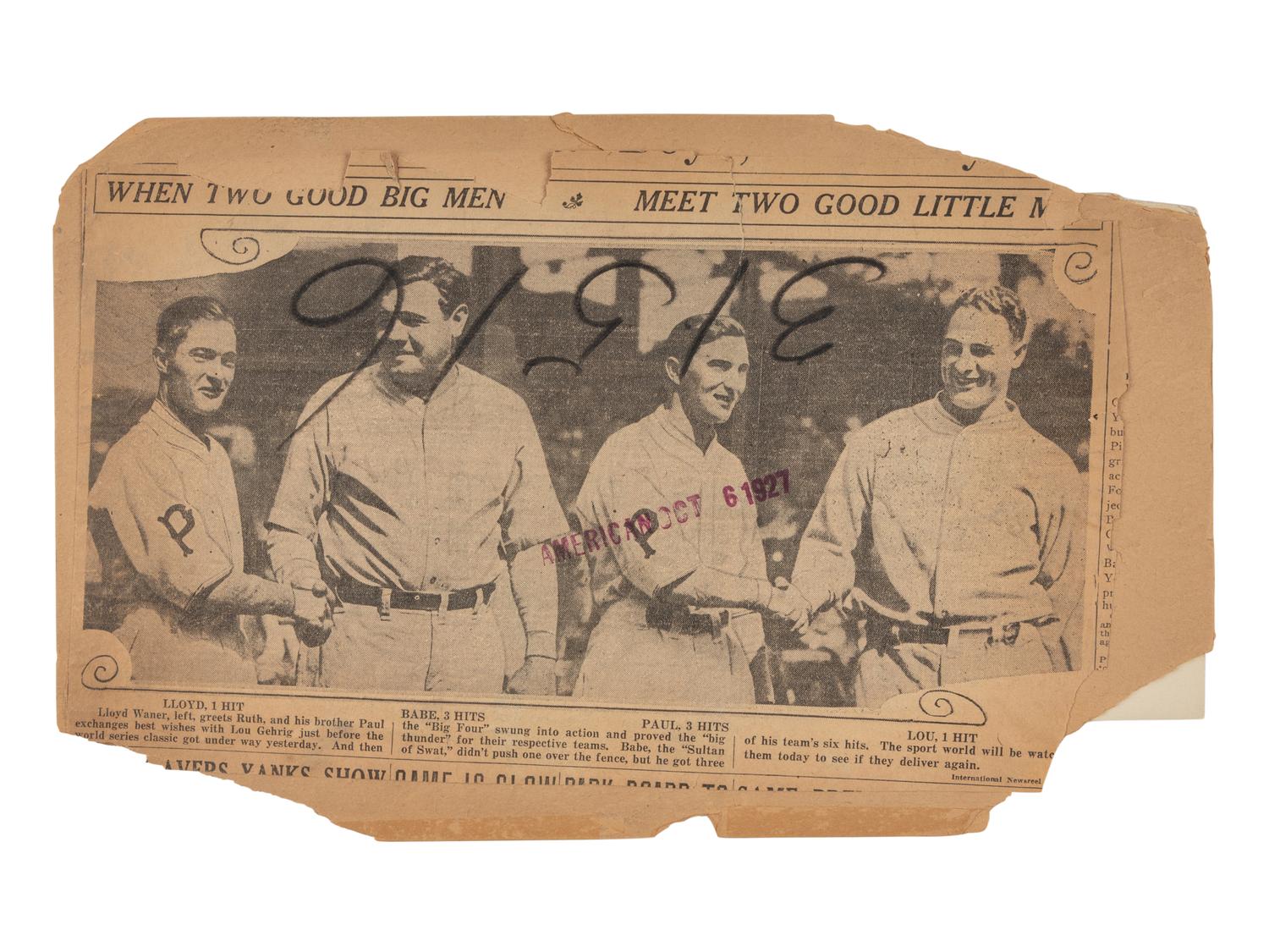 A Stunning 1927 World Series Lloyd Waner, Babe Ruth, Paul Waner and Lou Gehrig Type Three International Newsreel Photograph Published in Chicago American (PSA Authenticated)