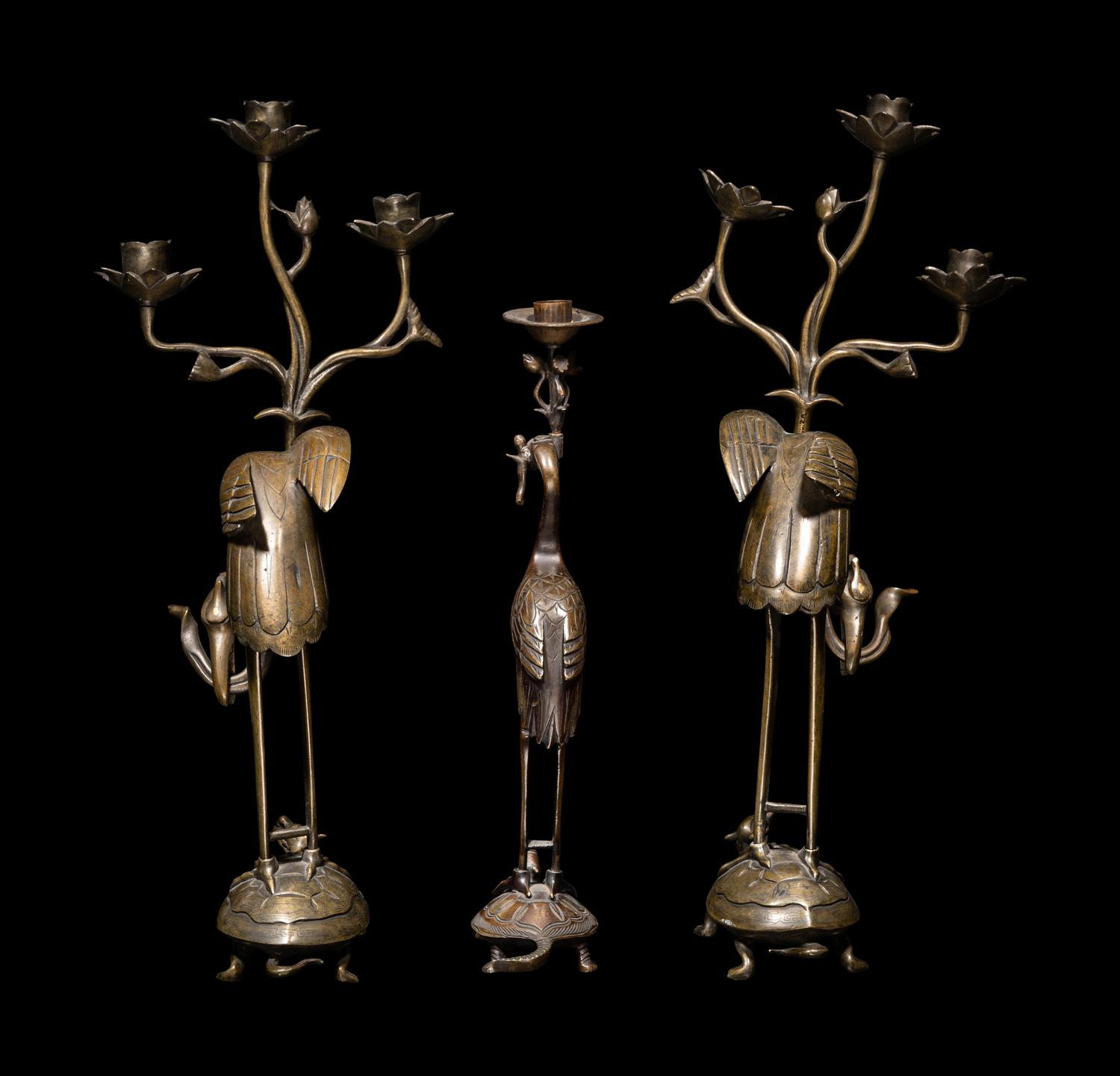 Three Chinese Bronze 'Turtle and Crane' Candle Holders