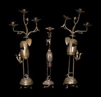Three Chinese Bronze 'Turtle and Crane' Candle Holders