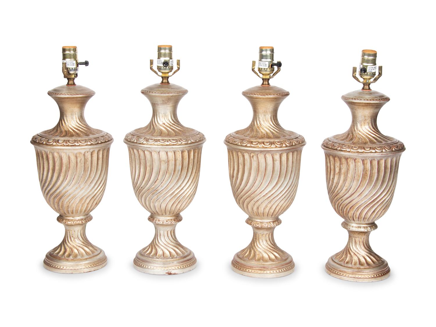 A Set of Four Silvered Wood Finial-Form Lamps