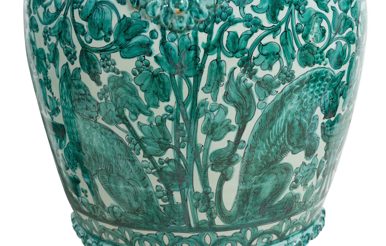 A Pair of Large Italian Green and White Glazed Ceramic Vases