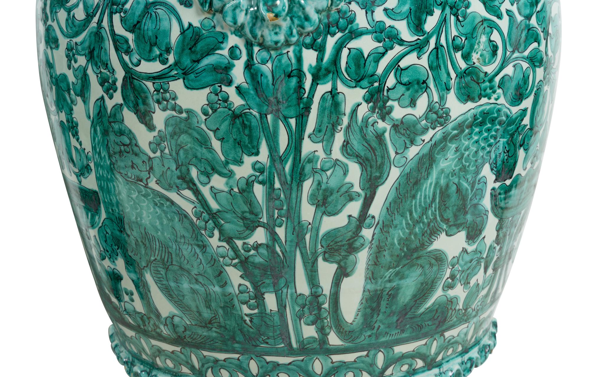 A Pair of Large Italian Green and White Glazed Ceramic Vases