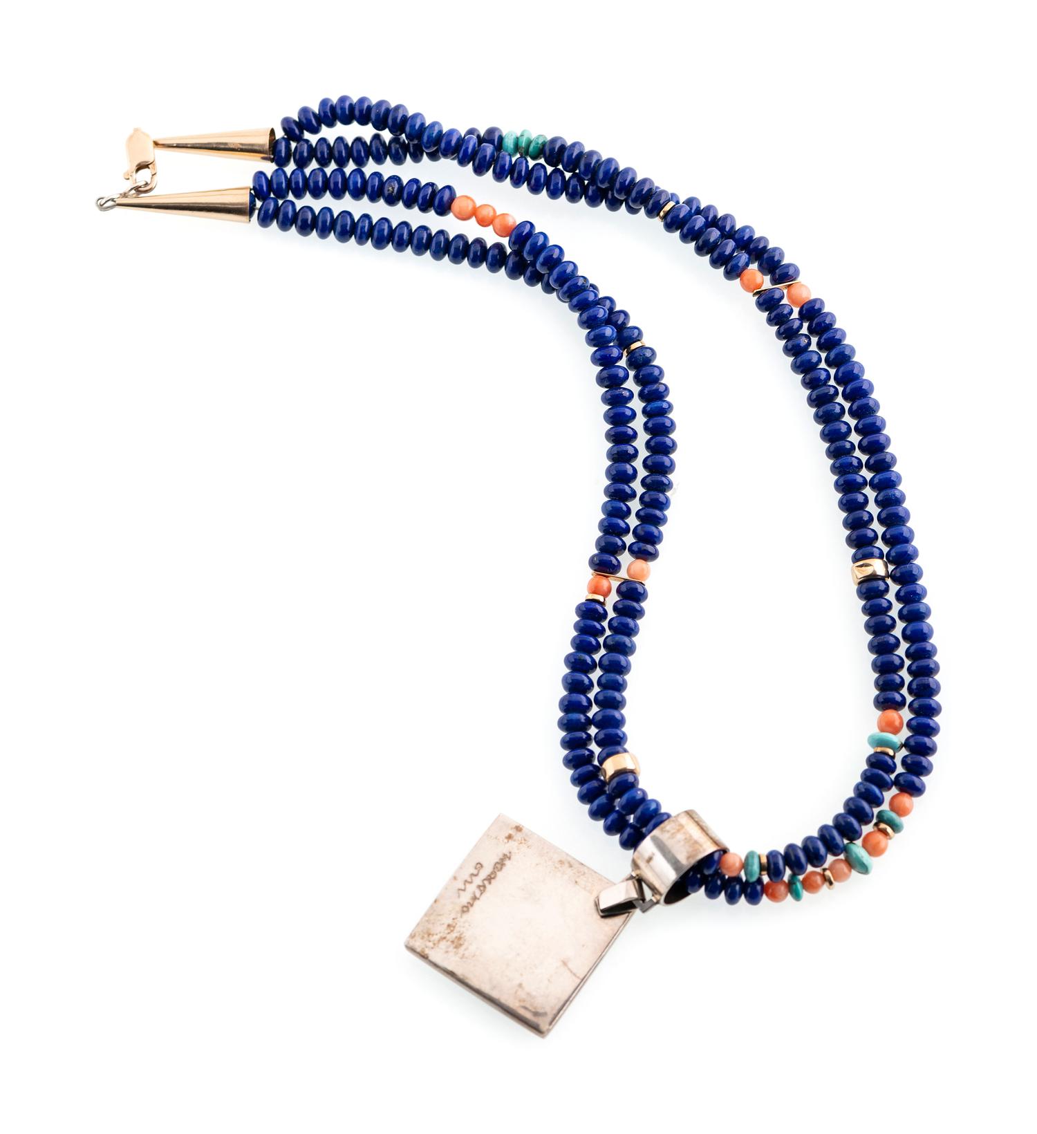 Double-Strand Necklace, with Silver and Lapis Pendant