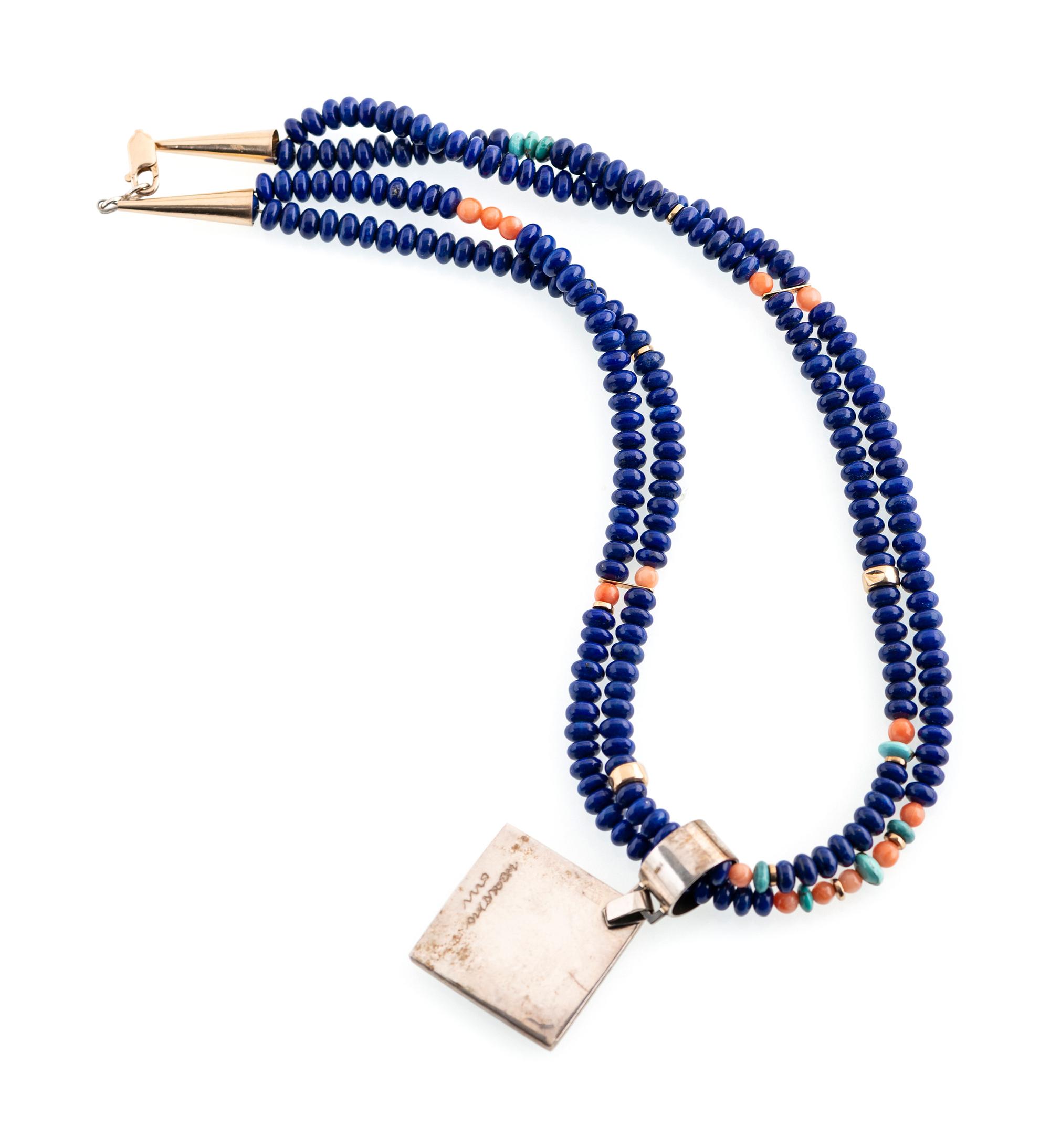 Double-Strand Necklace, with Silver and Lapis Pendant