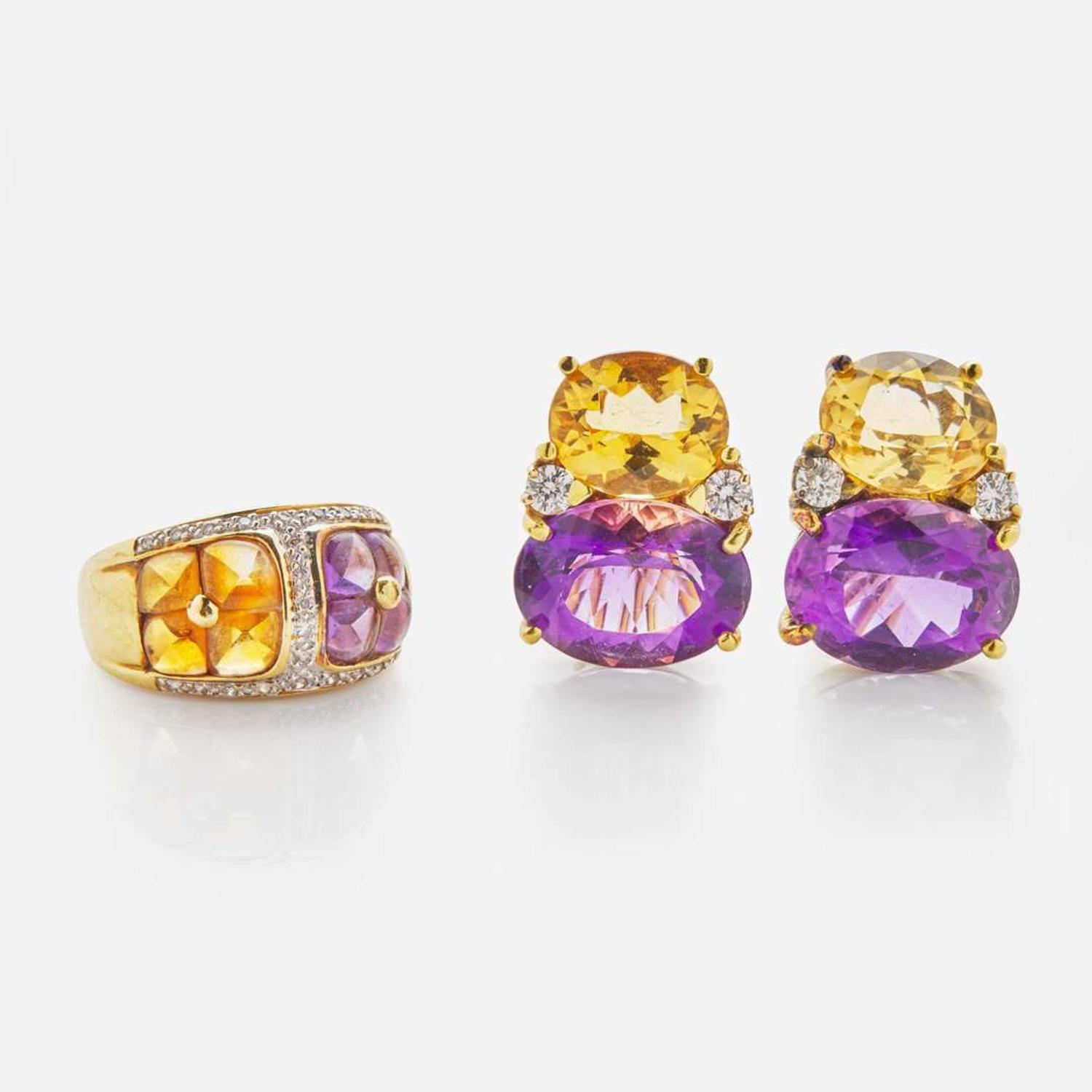 18K Yellow Gold Citrine and Amethyst Ear Clips and Matching Ring