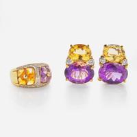 18K Yellow Gold Citrine and Amethyst Ear Clips and Matching Ring