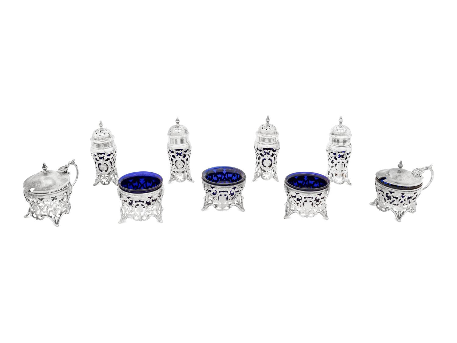 A Collection of Nine Canadian Silver and Cobalt Glass Table Articles