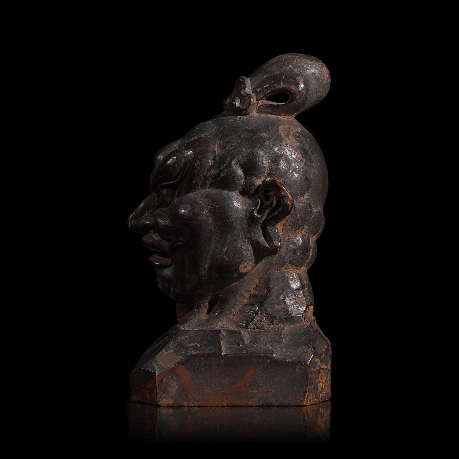 A Small Japanese Carved and Lacquered Wood Head of a Nio Guardian, Agyo , Possibly Muramachi Period