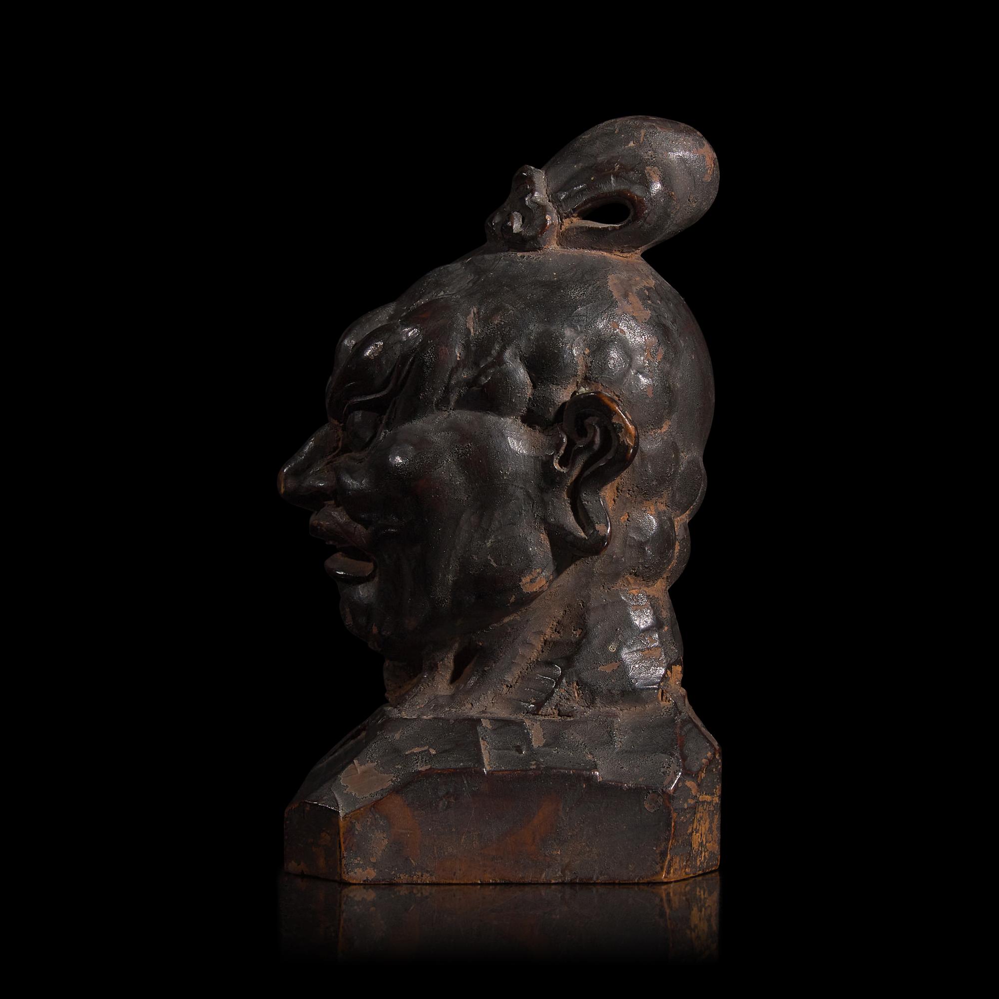 A Small Japanese Carved and Lacquered Wood Head of a Nio Guardian, Agyo , Possibly Muramachi Period