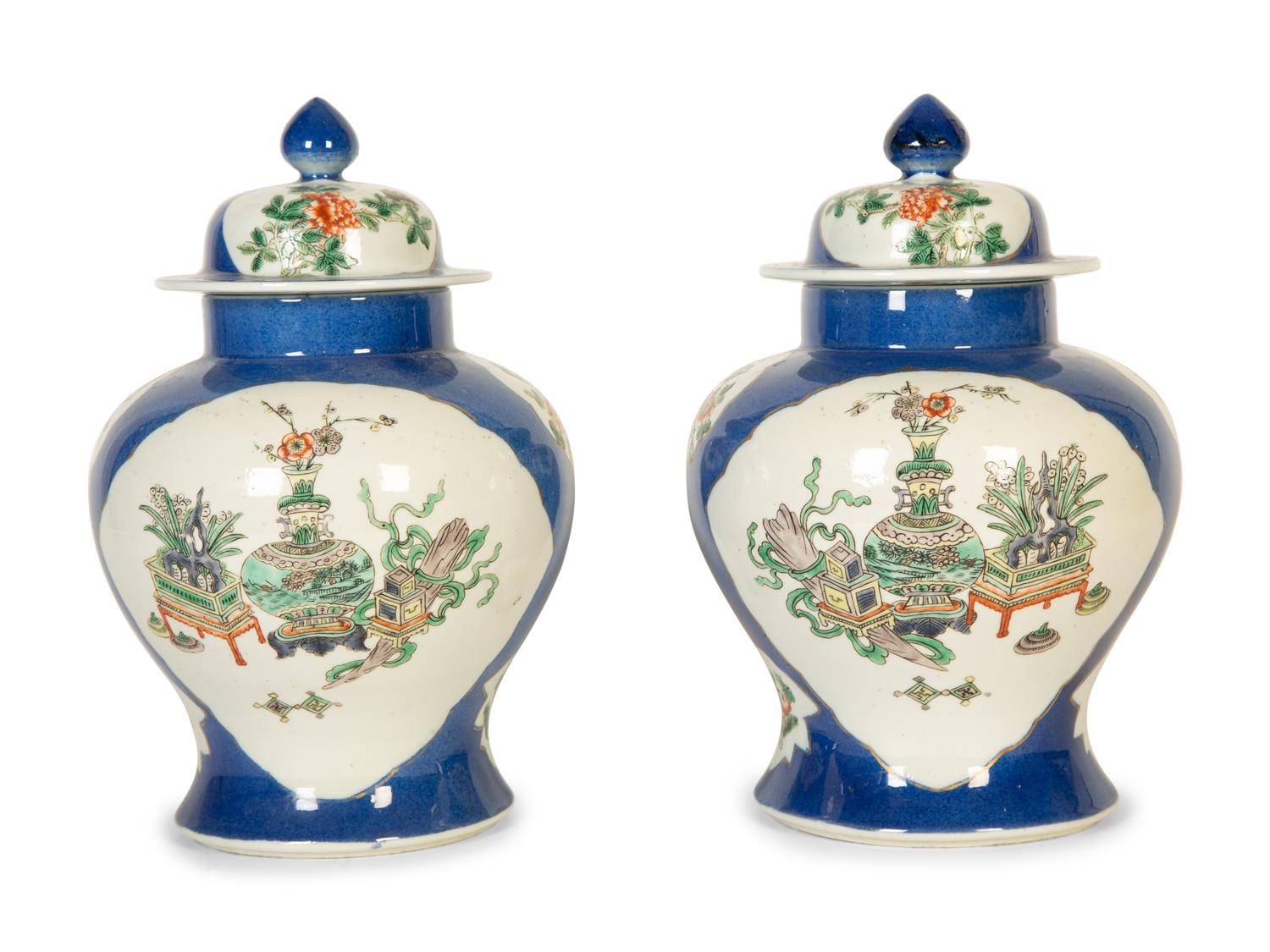 A Pair of Chinese Export Famille Verte Porcelain Covered Ginger Jars — 20th Century