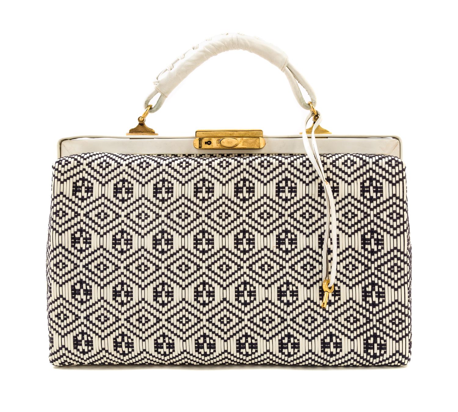 A Roberta Di Camerino Cream and Black Woven Structured Handbag, 14" x 9.5" x 5"; Handle drop: 3".
