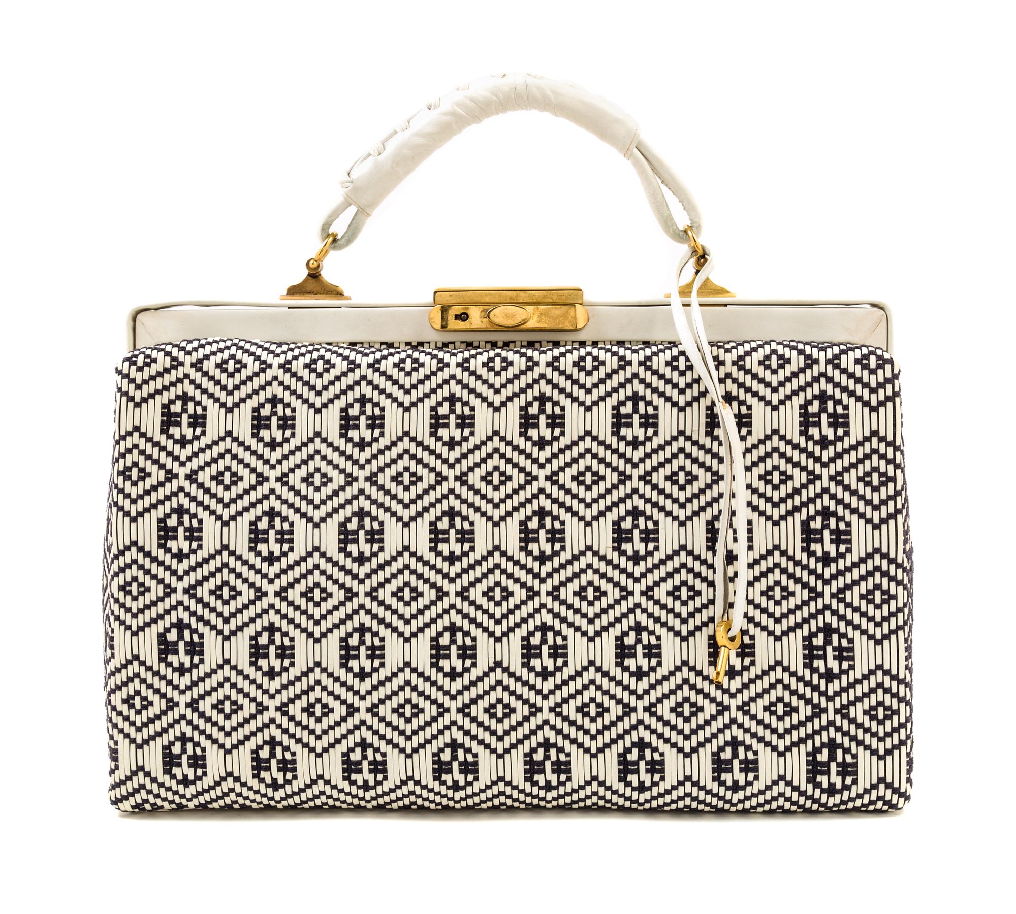 A Roberta Di Camerino Cream and Black Woven Structured Handbag, 14" x 9.5" x 5"; Handle drop: 3".