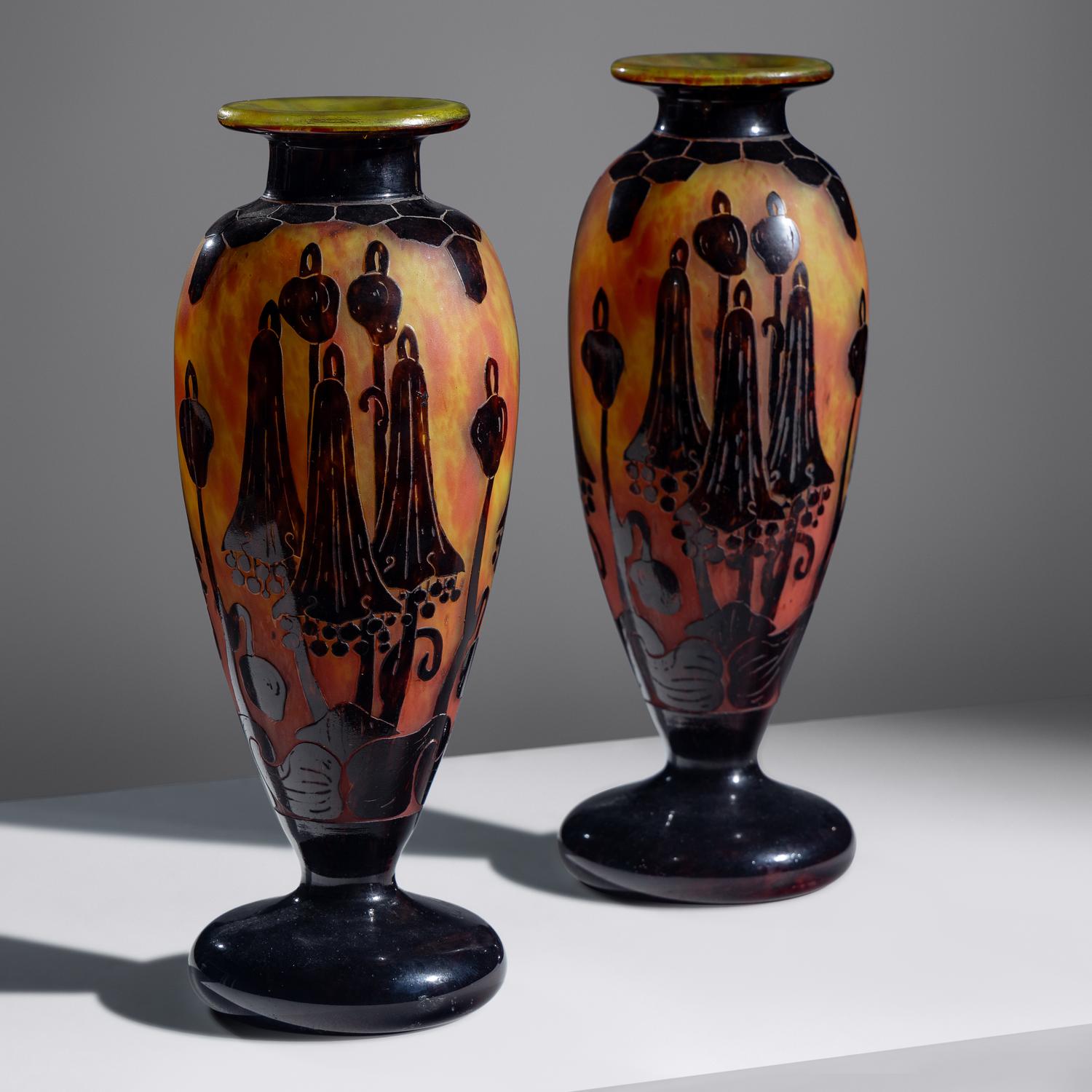 Pair of Le Verre Français Daturas Vases, c. 1930