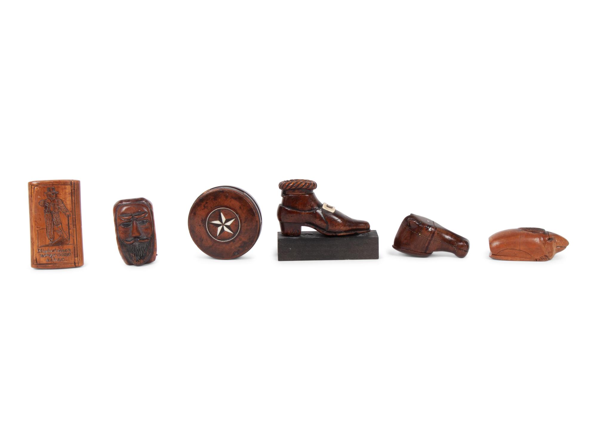 A Group of 8 Folk Art Carved Snuff Boxes and Pipe Stems
