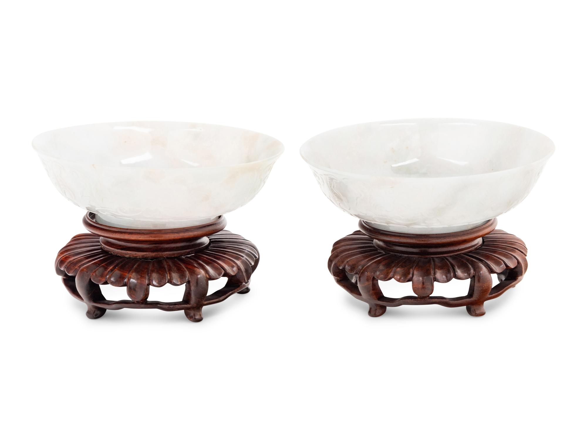 A Pair of Chinese White Jadeite 'Lotus' Bowls