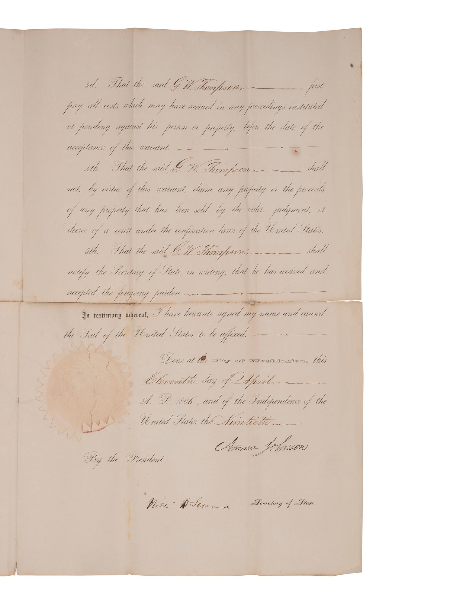 [CIVIL WAR] -- [RECONSTRUCTION] -- JOHNSON, Andrew (1808-1875). A group of three pardons stamp-signed by President Andrew Johnson, two granting amnesty to men associated with Confederate guerillas from Clay County, Missouri.