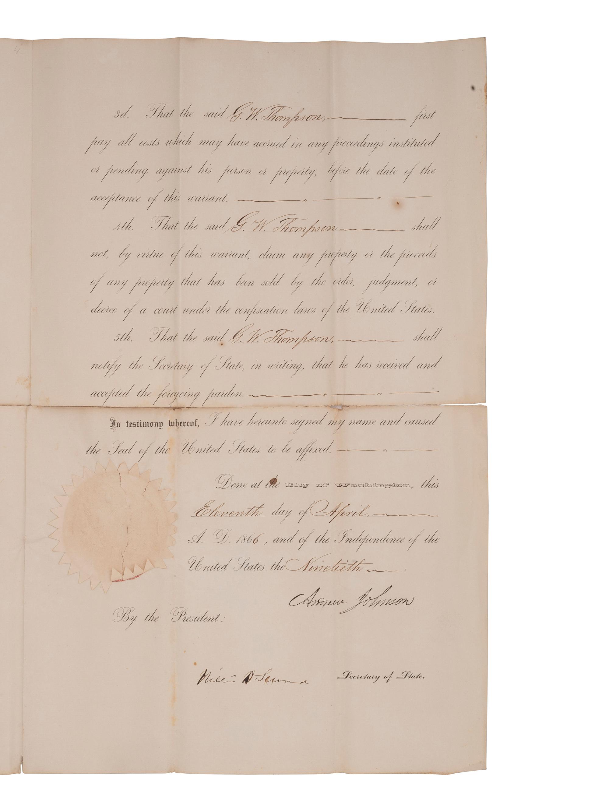 [CIVIL WAR] -- [RECONSTRUCTION] -- JOHNSON, Andrew (1808-1875). A group of three pardons stamp-signed by President Andrew Johnson, two granting amnesty to men associated with Confederate guerillas from Clay County, Missouri.