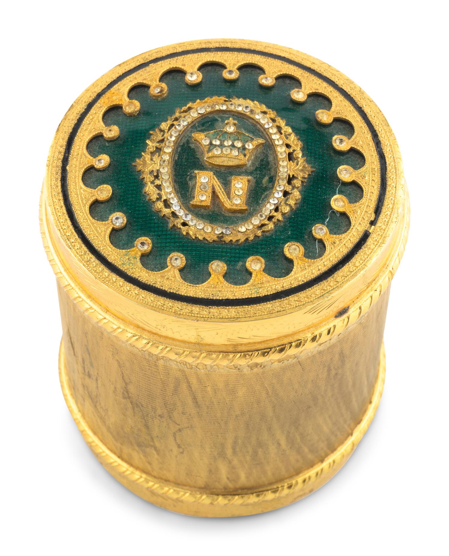 A French Gilt Bronze and Enamel Box and a Brass Tazza