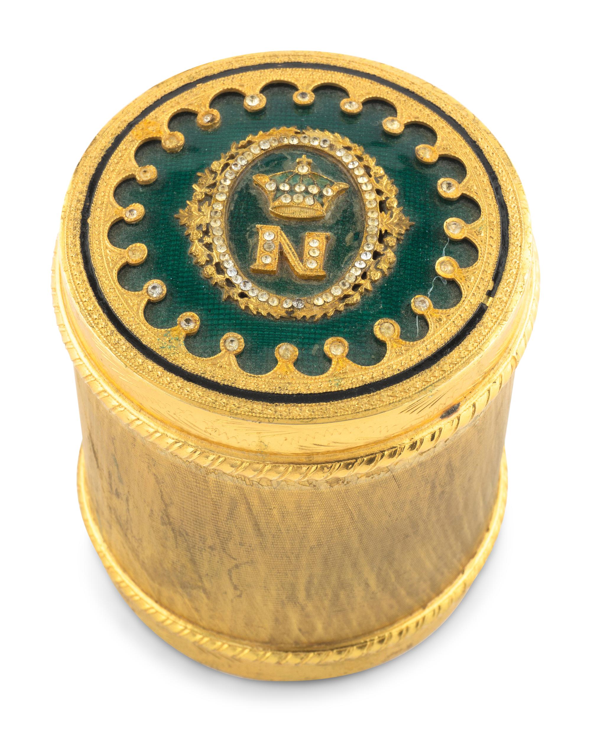 A French Gilt Bronze and Enamel Box and a Brass Tazza