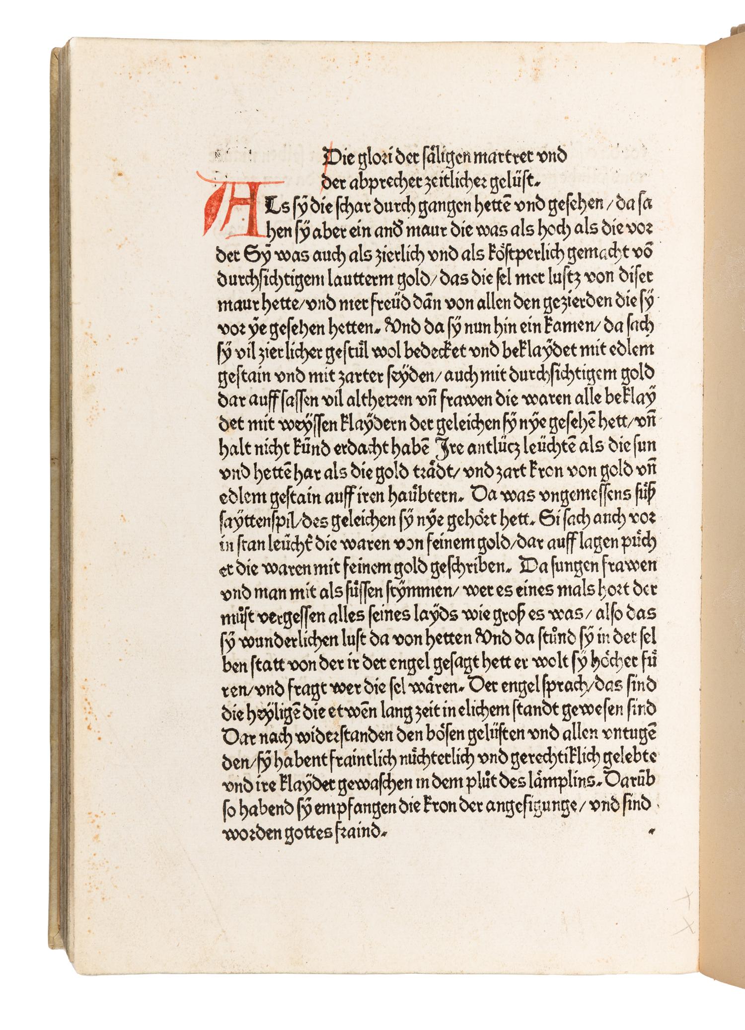 GREGORIUS I (Saint, c.540-604). Dialogorum libri quattuor , in German: Das buch der zwayer red mit ainander . Edited by Johannes von Speyer, with 5 other texts in German: TUNDALUS. De eius visio, sive de raptu animae: Die Gesicht Tundali . - BEDA. V isio Fursei: Das Wunderzeichen des Bishof Forsee . - Speculum mundi: Spiegel der Welt . - Ars moriendi: Kunst des Sterbens . - Cordiale quattuor novissimorum: Die vier letzte Dinge . [Augsburg: Johann Bamler at the Monastery of SS. Ulrich and Afra], 1473.